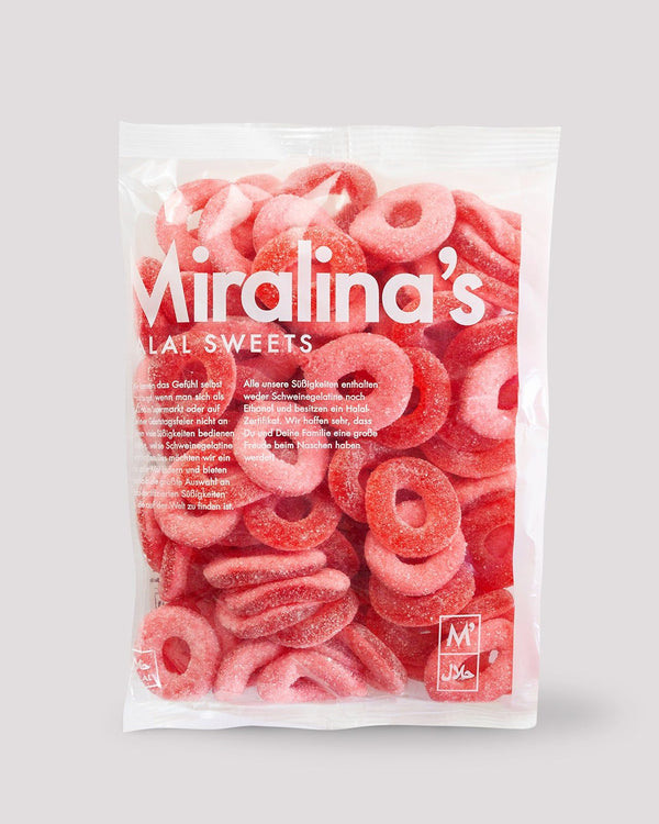 Ein Beutel voller rosa Fruchtgummiringe von Miralina's Lal Sweets